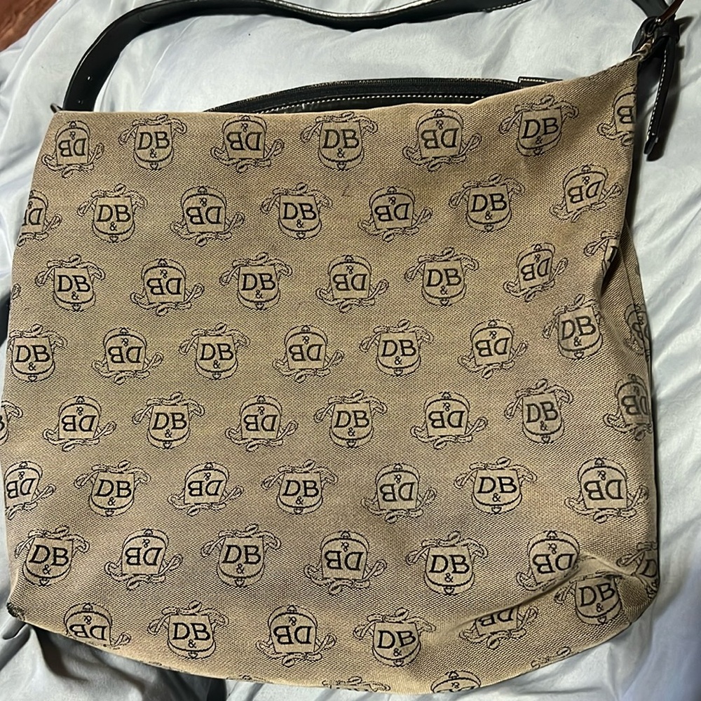 Dooney & Bourke DB Logo Tan and Black Hobo Canvas Shoulder Bag